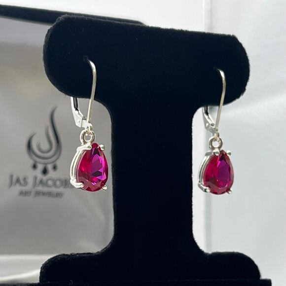 Beautiful 5ctw Pear Cut Ruby Earrings in Sterling Silver Drop Dangle Leverback - Picture 6 of 6